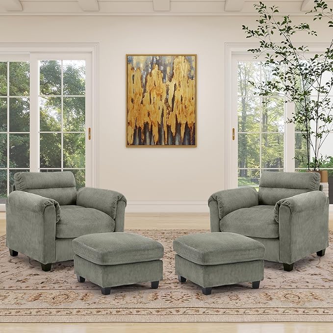HAOMARKETS Corduroy 4-Piece Sofa Set, Upholstered Ottoman Set of 2 and Accent