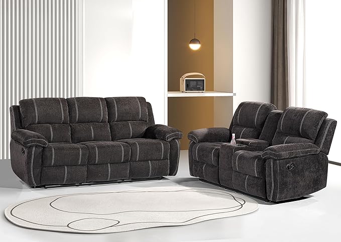 Betsy Furniture Modern Fabric Recliner Sofa Set, Loveseat w/Console, Recliner