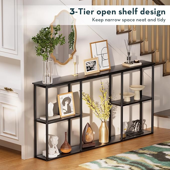 WOHOMO Black Console Table, 3-Tier Small Entryway Table, Long Sofa Table