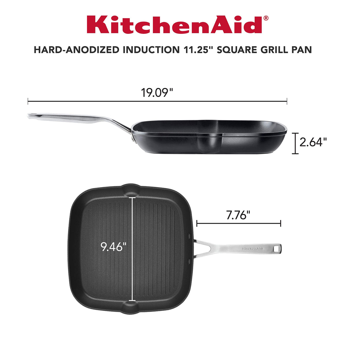 KitchenAid Hard Anodized Induction Nonstick Square Grill Pan/Griddle with Pouring Spouts, 11.25 Inch, Matte Black