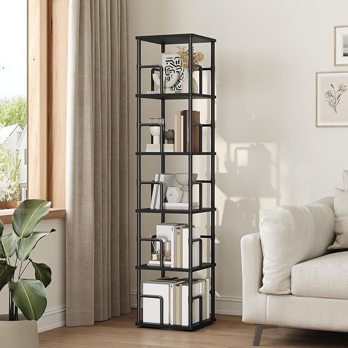 MAHANCRIS 5-Tier Rotating Bookshelf, Freestanding Corner Bookshelf, 360°