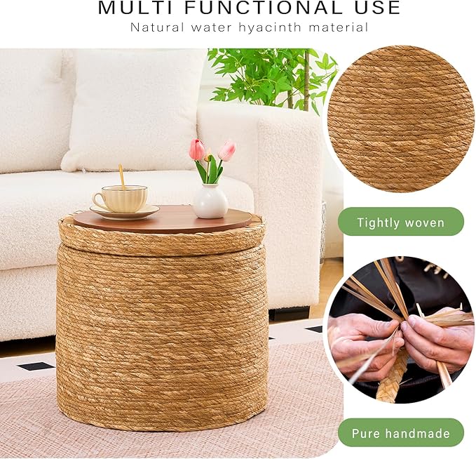 Wimarsbon Round Pouf Ottomans, Handwoven Natural Water Hyacinth Seagrass Pouffe
