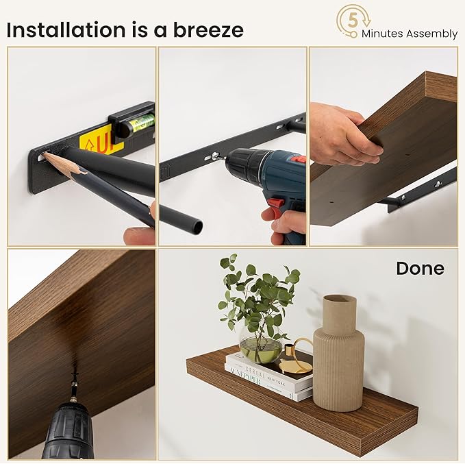 Fun Memories Floating Shelves for Wall, 32 Inch Set of 2 Rustic Wood Wall