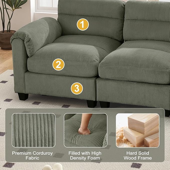 HAOMARKETS Corduroy Sofa Set, Upholstered Ottoman, Modern Loveseat and 3-Seater