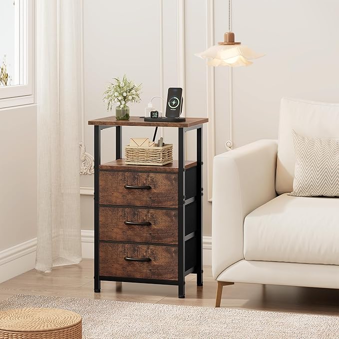 Vagusicc Nightstand with Charging Station, Bedside Table with USB Ports and