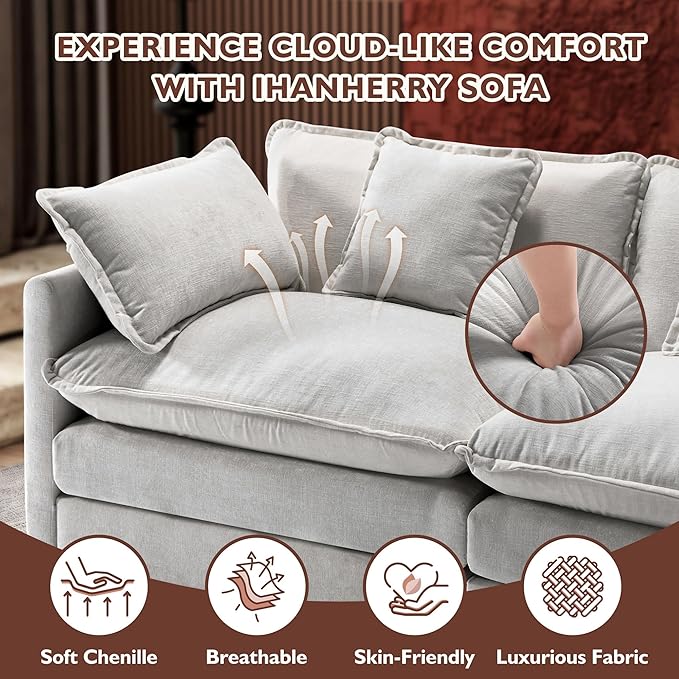 Ihanherry 111.4 Inch 3-Seater Cloud Sofa, Modular Sectional Couch, Modern Deep