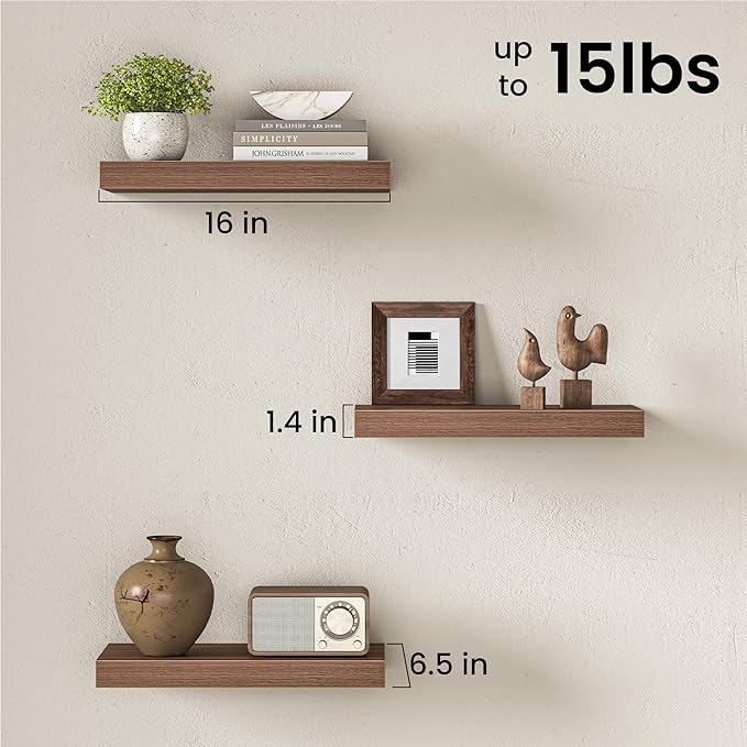 Fun Memories 16 Inch Floating Shelves Wall-Mounted, Engineered Wood Wall Shelves