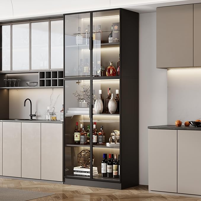 Mekminop Display Cabinet with Glass Doors and Storage Shelve, Modern Display