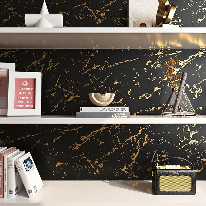FunStick 24"x200" Modern Black and Gold Wallpaper Peel and Stick Wallpaper