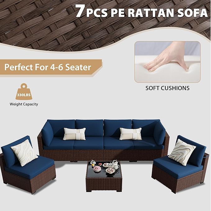 KIGOTY 7-Piece Patio Furniture Set, All-Weather PE Rattan Outdoor Sectional Sofa