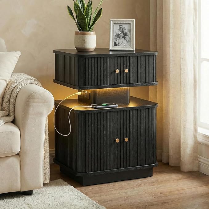 Black Nightstand with Charging Station and LED Light, Fluted Bedside Table with