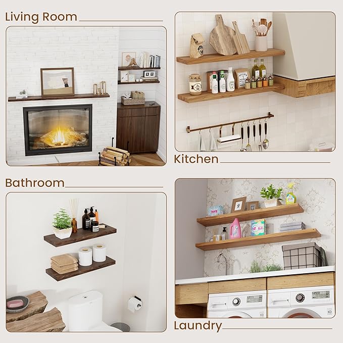 Floating Shelves for Wall Decor, 8 Inch Deep Rustic Solid Elm Wood Floating