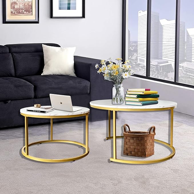 AT-VALY Coffee Table Set of 2 Nesting Tables, Round Sofa Table