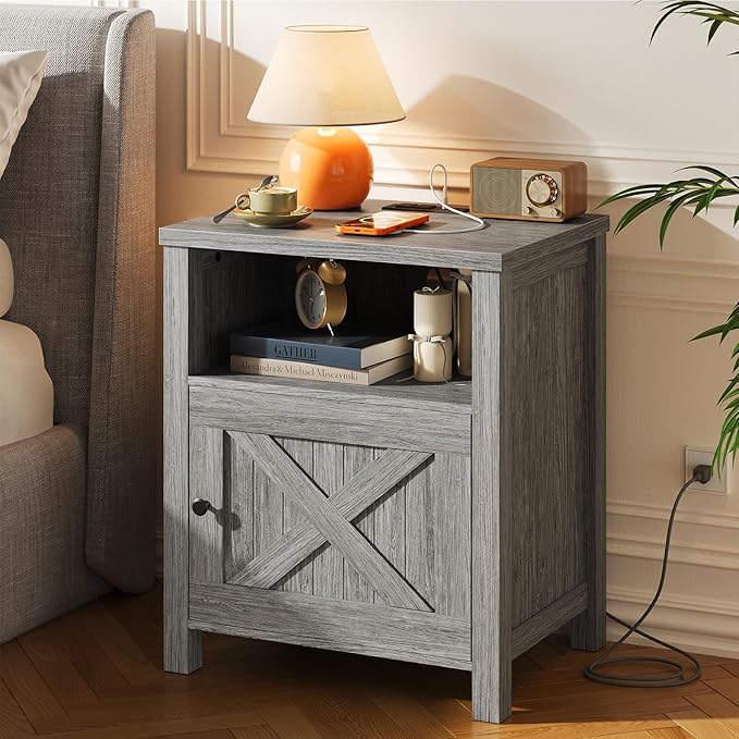 Marsail Farmhouse Nightstand Set of 2, Wood Bedside Table