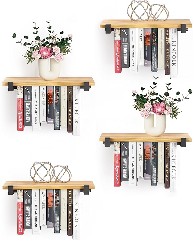 NANATI 4 Set of Floating Bookshelf, Pine Wood Invisible Bookshelf, Hanging