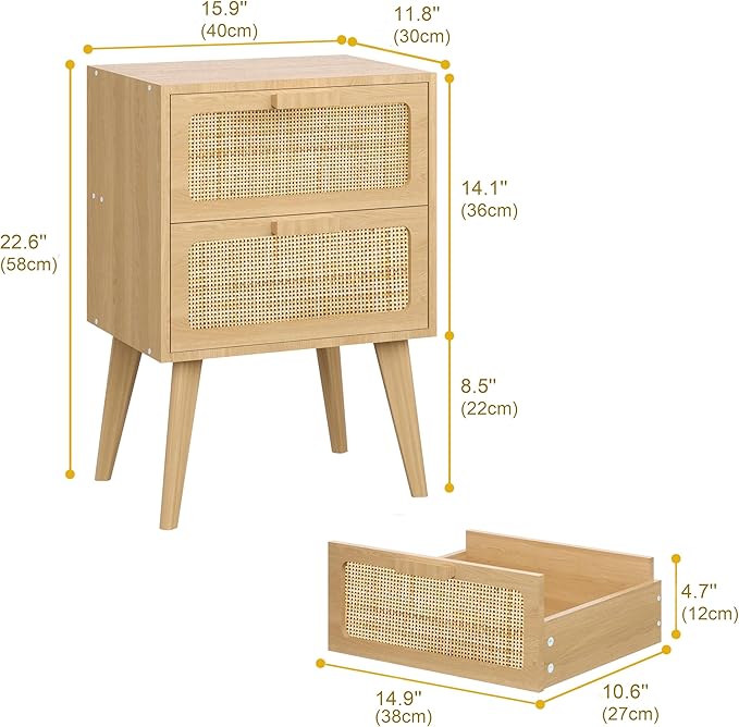 YAUKOMEL Rattan Nightstand, Wood End Table, Side Table