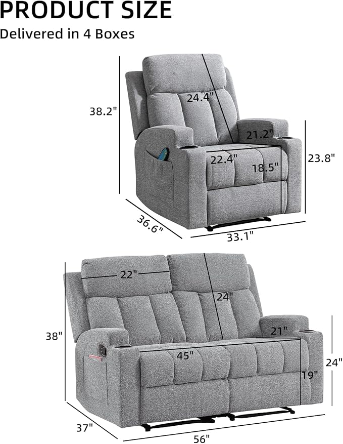 CANMOV Manual Recliner Sofa Set, Fabric Recliner Living Room Furniture Sets