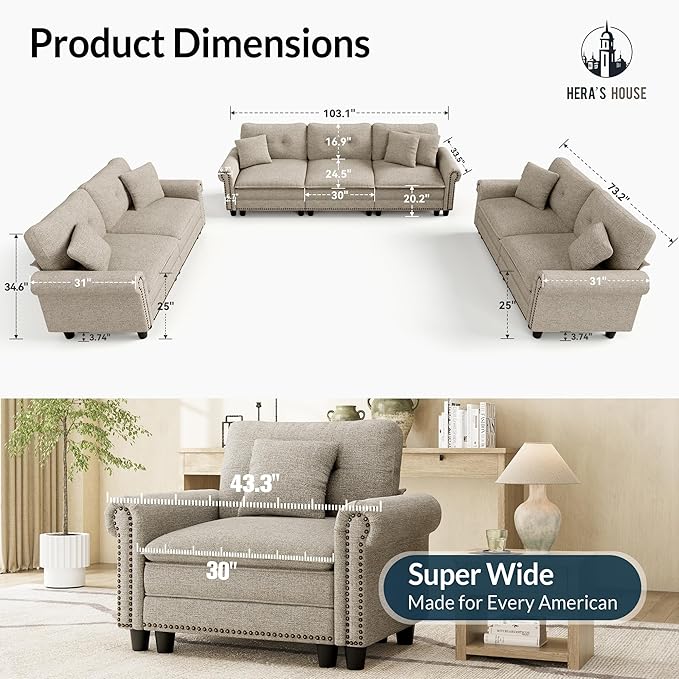 HERA'S HOUSE 3 Pieces Modular Sectional Sofa Sets, Oversized Couch Set