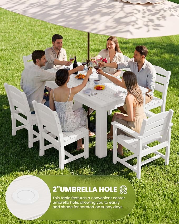 SERWALL HDPE Dining Set for 6: 1 Umbrella Hole Table, 4 Armless + 2 Armchairs.