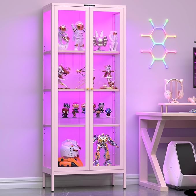UNICOLY Display Cabinet with Glass Doors, Glass Display Cabinet with 8 Color