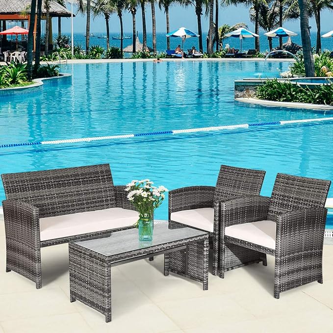 Tangkula 4 PCS Wicker Patio Conversation Set, Outdoor Rattan Sofas