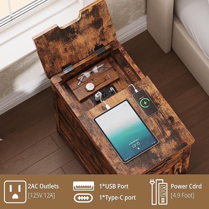 IRONCK End Table with Charging Station, Narrow Side Table