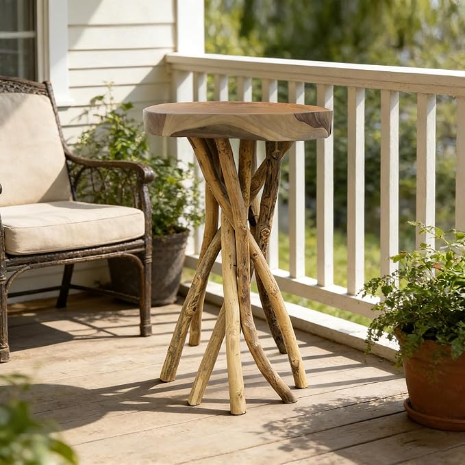Greenage Teak Branch Coffee Table 15.7"x15.7"x27.6" Wooden Live Edge Side Table