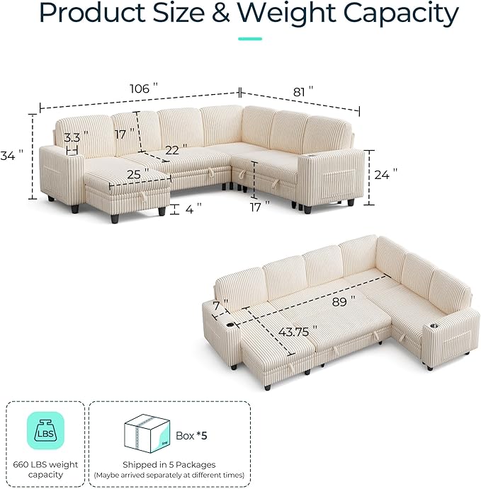 LINSY HOME Sectional Sofa with Pull Out Bed, 6 Seats Corduroy Reversible