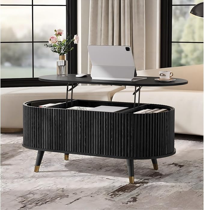 SULIVES Oval Coffee Table with Storage, Small Fluted Center Table