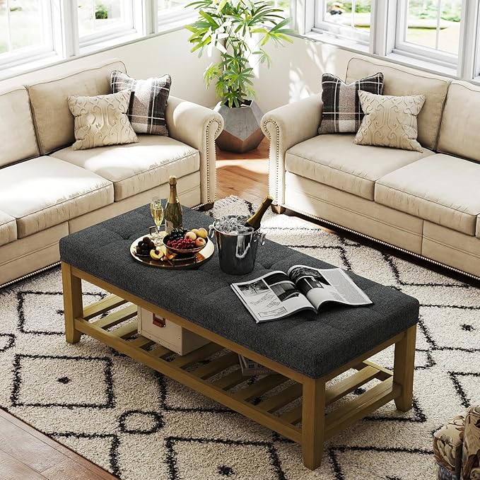 Befurtori Large Rectangular Upholstered Ottoman Bench, Linen Tufted Footrest