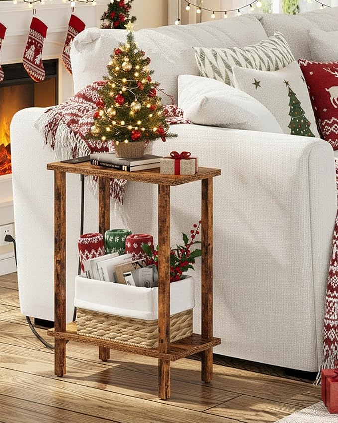 TUTOTAK Small End Table with Charging Station, Narrow Side Table with USB Ports