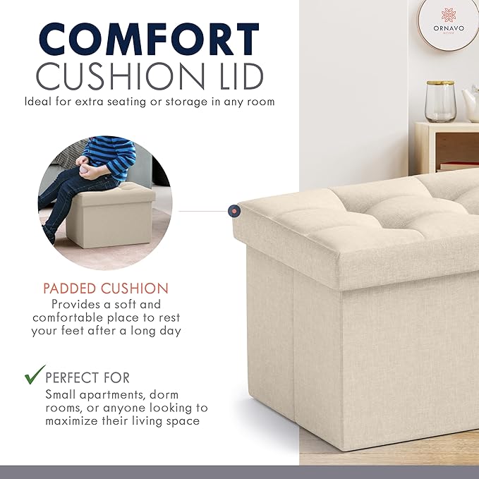 Ornavo Home Small Storage Ottoman Foldable Collapsible Rectangle Linen Ottoman