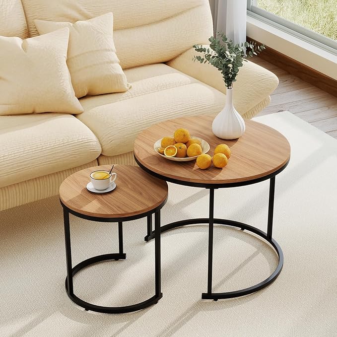 Giantex Nesting Coffee Table Set of 2, Round Stacking Side Tables w/Wooden