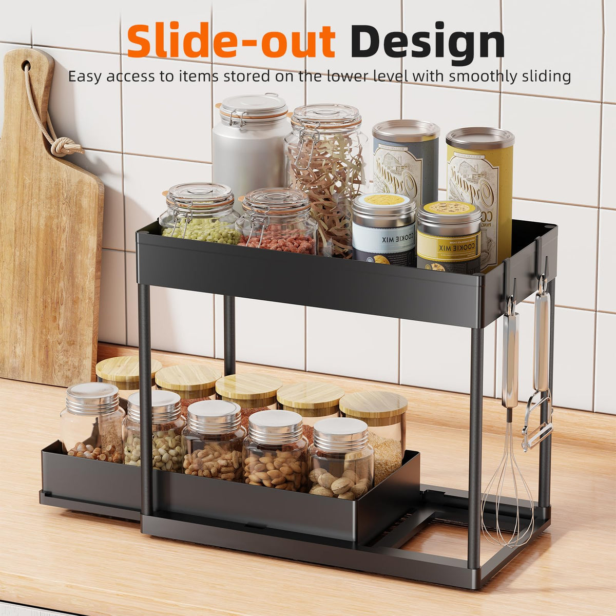 Simple Trending Under Sink Organizer 2 Pack, Sink Pull-Out Sliding Storage Cabinet, 2-Tier Under Shelf Organizer for Kitchen Bathroom, Black