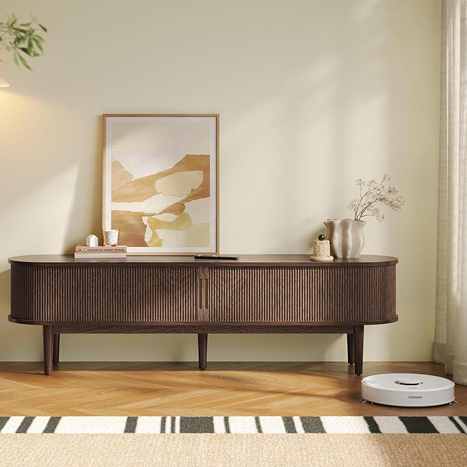 LINSY HOME 70" Fluted TV Stand for TVs up to 80 Inch, Mid Century Modern