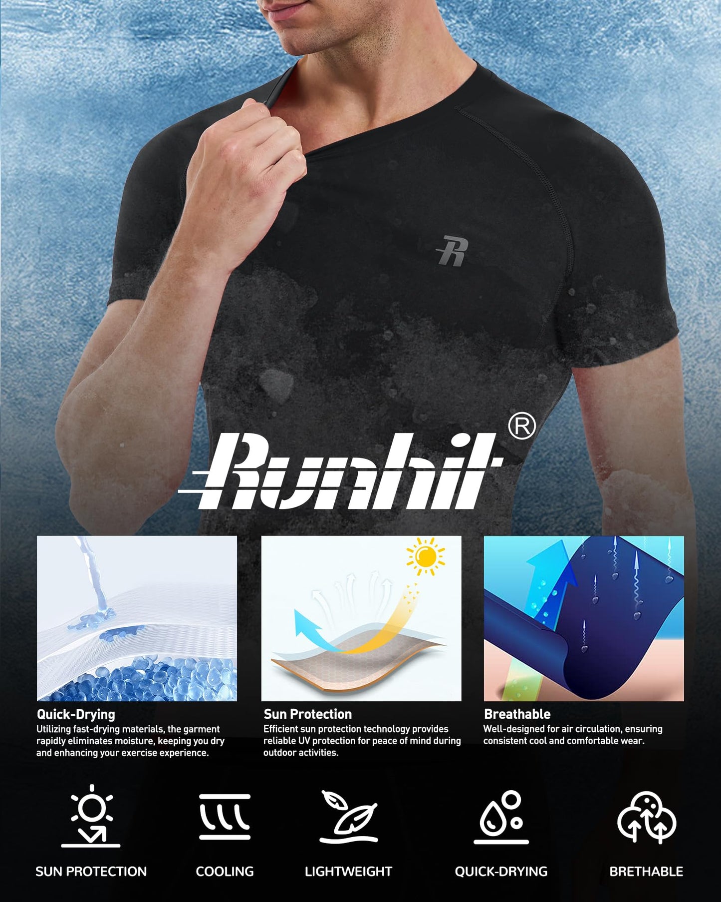 Runhit Mens Compression Shirt Short Sleeve Black Compression Shirt Men Quick Dry Cool T-Shirt Sports Workout Base Layer L