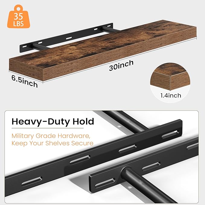 Fun Memories Floating Shelves for Wall, 30 Inch Set of 2 Rustic Wood Wall