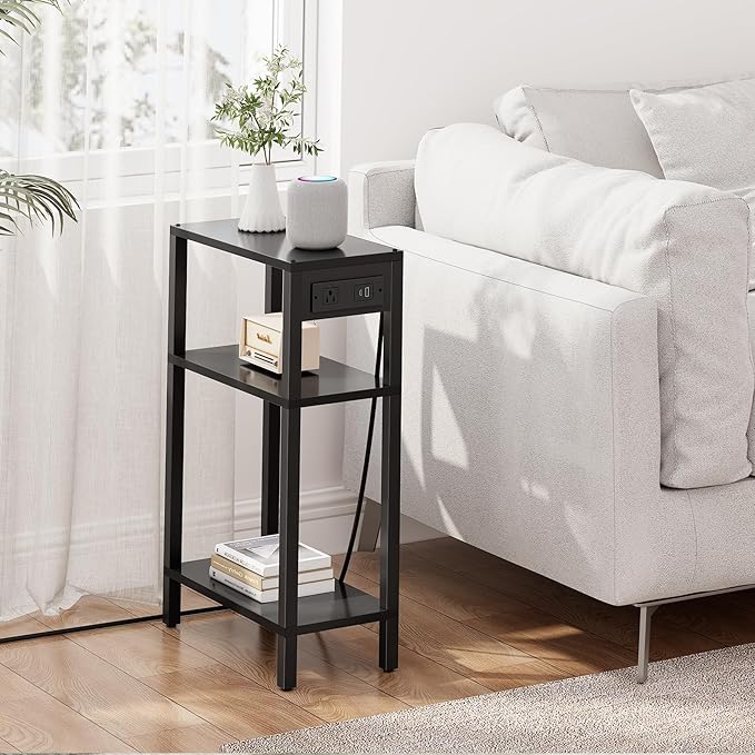 TUTOTAK Narrow Side Table with Charging Station, Small End Table with USB Ports