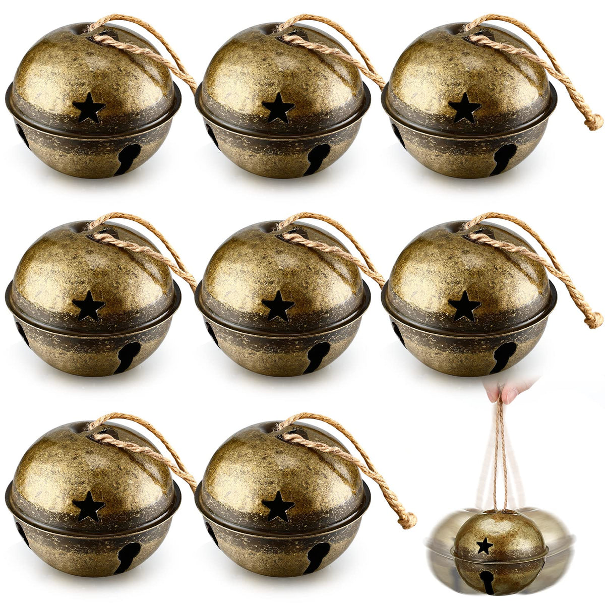 Zhengmy 8 Pcs Jumbo 3.15'' Christmas Star Cutouts Bells for Craft Large Bells Xmas Ornament Christmas Tree Decor (Brass)