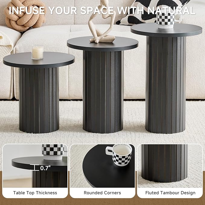 Round Nesting Coffee Table Set of 3 Mid Century Modern Wood Round Coffee Tables