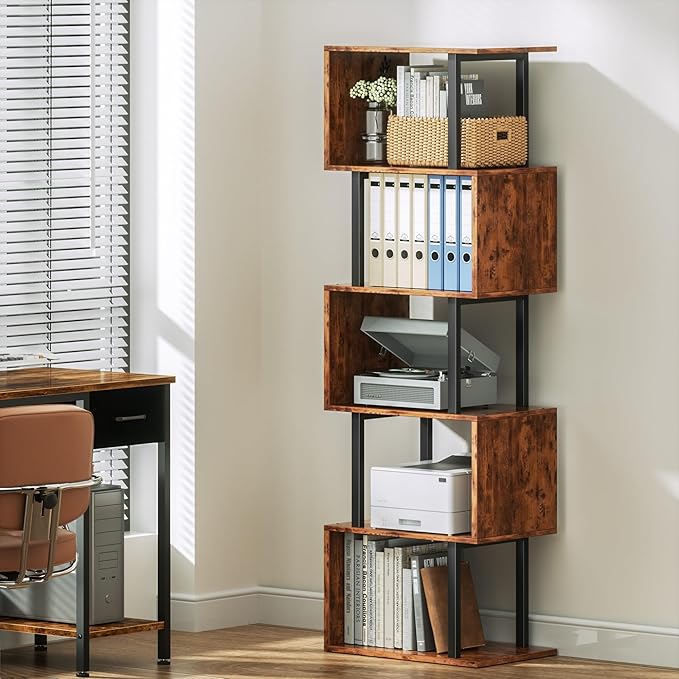 Furologee 6 Tier Bookshelf, Tall S Shaped Geometric Bookcase, Modern Display