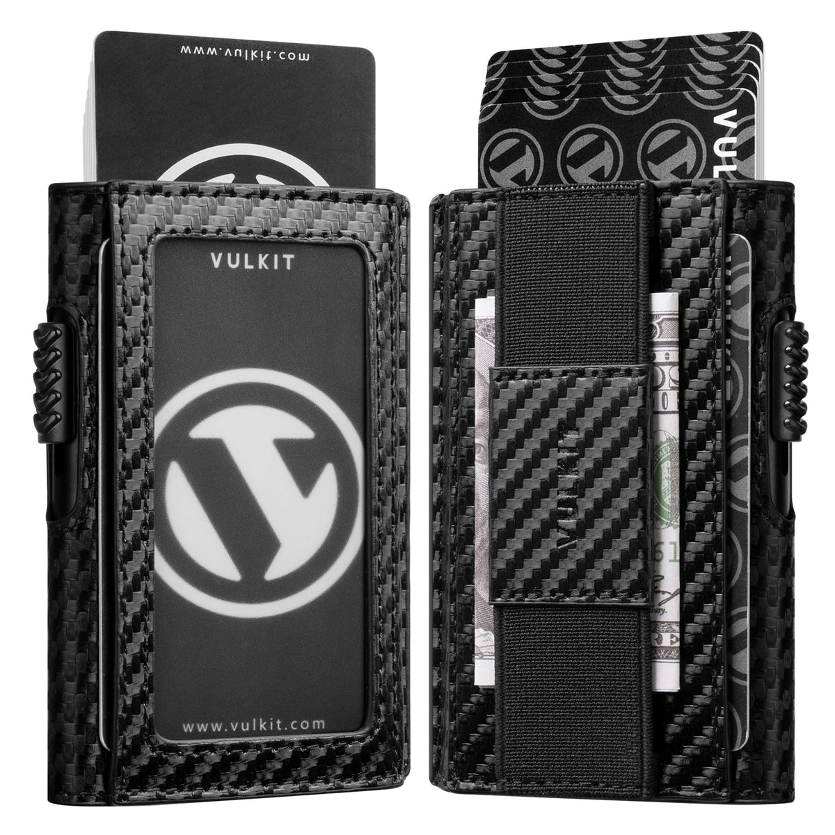 VULKIT Mens Minimalist Wallet for Max. 8 Cards with Pop-Up Credit Card Ejector RFID Blocking, ID Window and Elastic Strap for Bills or Keyring, Gift Box Packed, Carbon Black