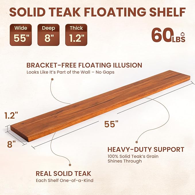 55" Solid Teak Floating Wall Shelf