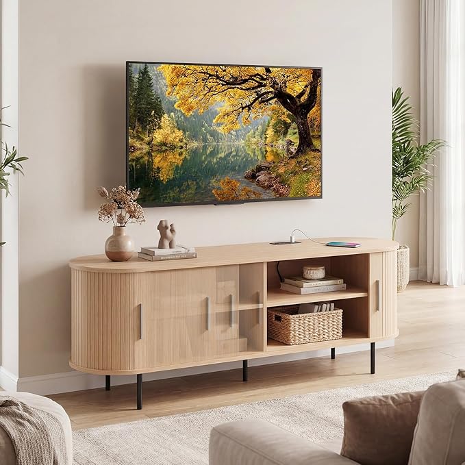 Tangkula Fluted TV Stand for TVs up to 60”, Mid Century Curved Entertainment