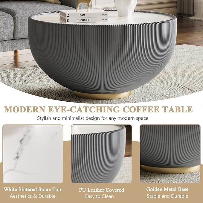 Round Marble Coffee Table 27.56" Bucket Shaped Fluted Coffee Table