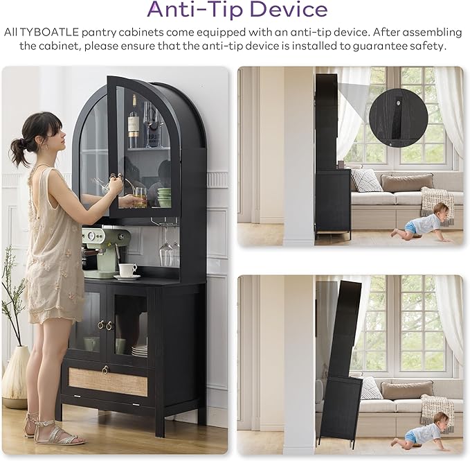 TYBOATLE 75'' Tall Arched Cabinet w/Accessible Storage Area, China Cabinet