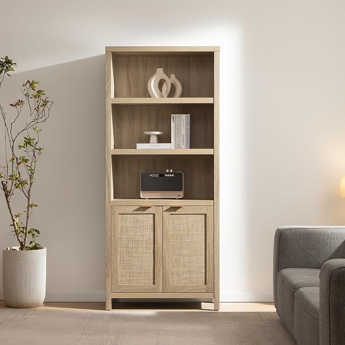 SICOTAS Bookcase 71" Tall Bookshelf 5 Tier Rattan Boho Bookcase