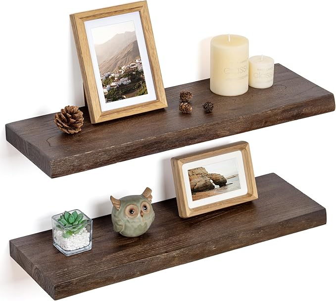 Floating Shelves for Wall Decor, Rustic Solid Elm Wood Live Edge Floating