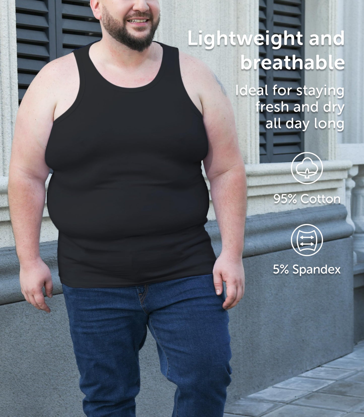 Comfneat Men's 4-Pack Big & Tall Tight Fit A-Shirts Tank Tops Sleeveless Undershirts Stretchy Cotton Spandex Base Layers (Black 4-Pack, 7XL)