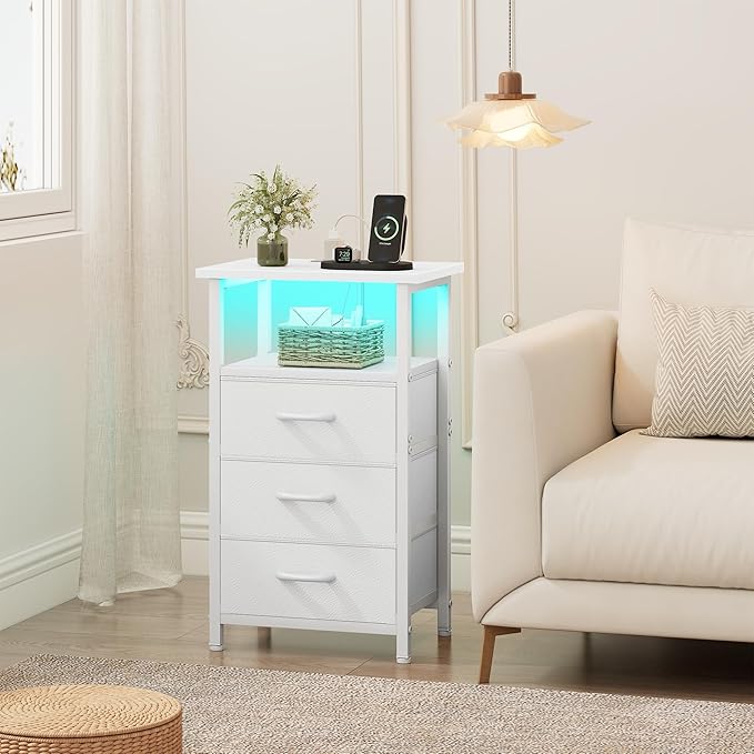 Vagusicc Night Stand with Charging Station, LED Nightstand